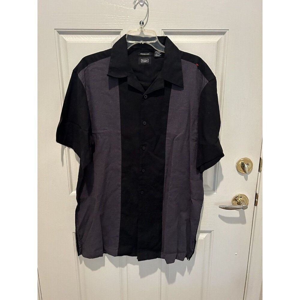 Haggar mens button down Washable linen black & gray L casual Golf Shirt Retro